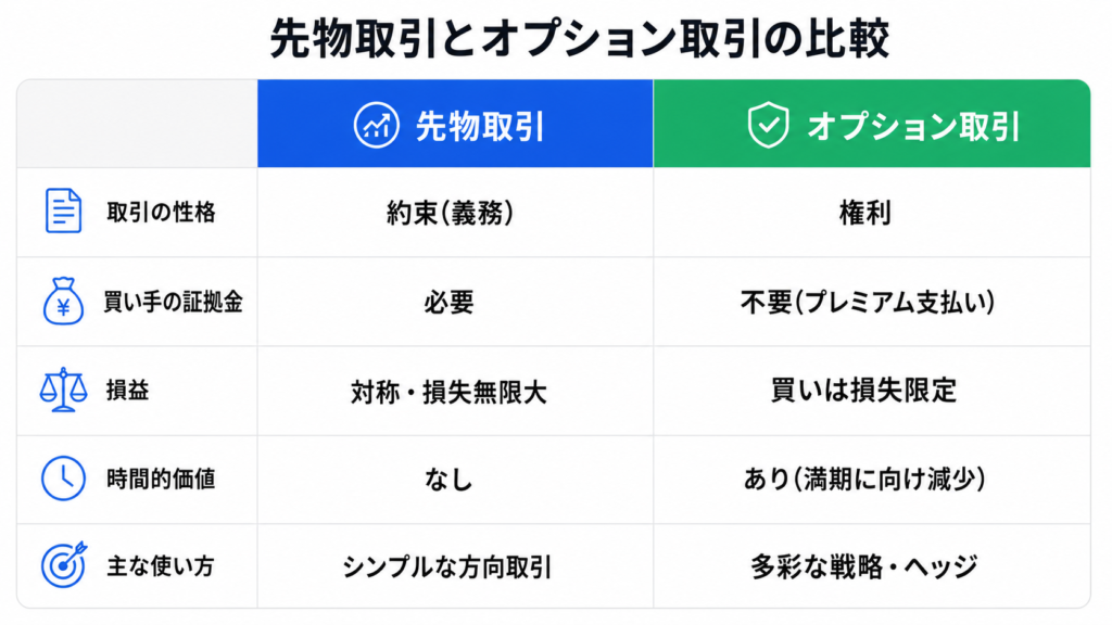 先物取引とオプション取引の違いを表すイメージ図