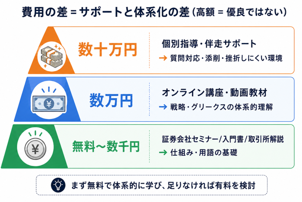 オプションスクールの費用相場と価格帯ごとに得られるものの図