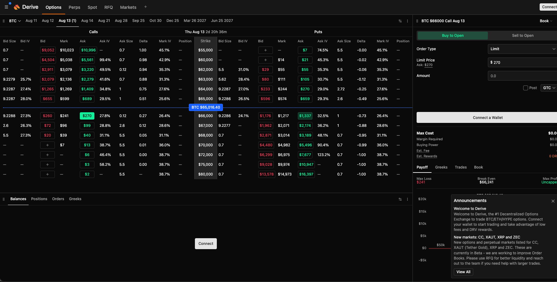 Derive(旧Lyra)の実際のBTCオプション板(app.derive.xyz)。BTC Aug13限月のコール・プットのIV・デルタ・板