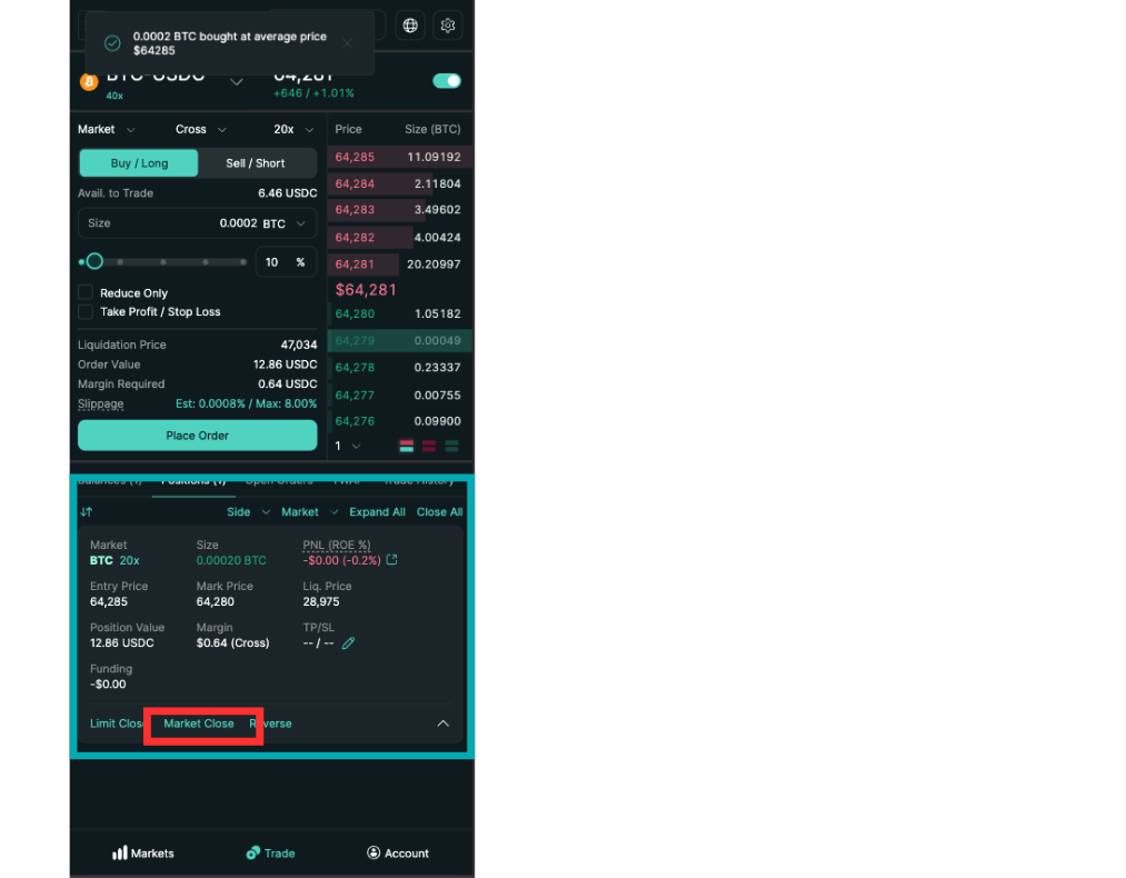 Hyperliquidの建玉の詳細とMarket Closeで決済する位置