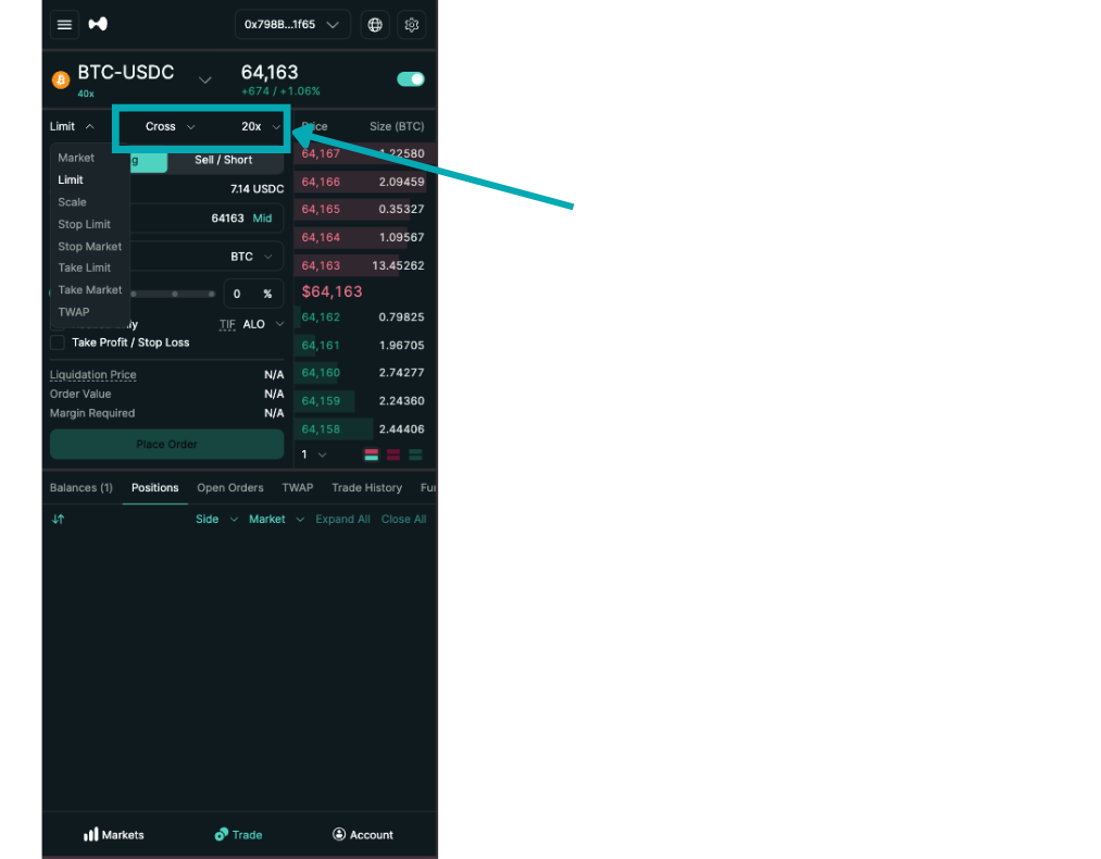 Hyperliquidで証拠金モードとレバレッジ倍率を設定する位置