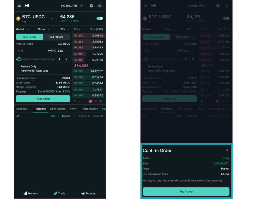 Hyperliquidの無期限先物で数量を入力しConfirm Orderで発注する手順