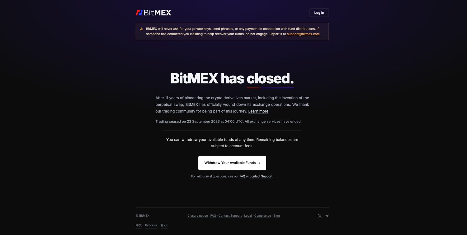 BitMEX公式サイトの閉鎖告知(BitMEX has closed.)