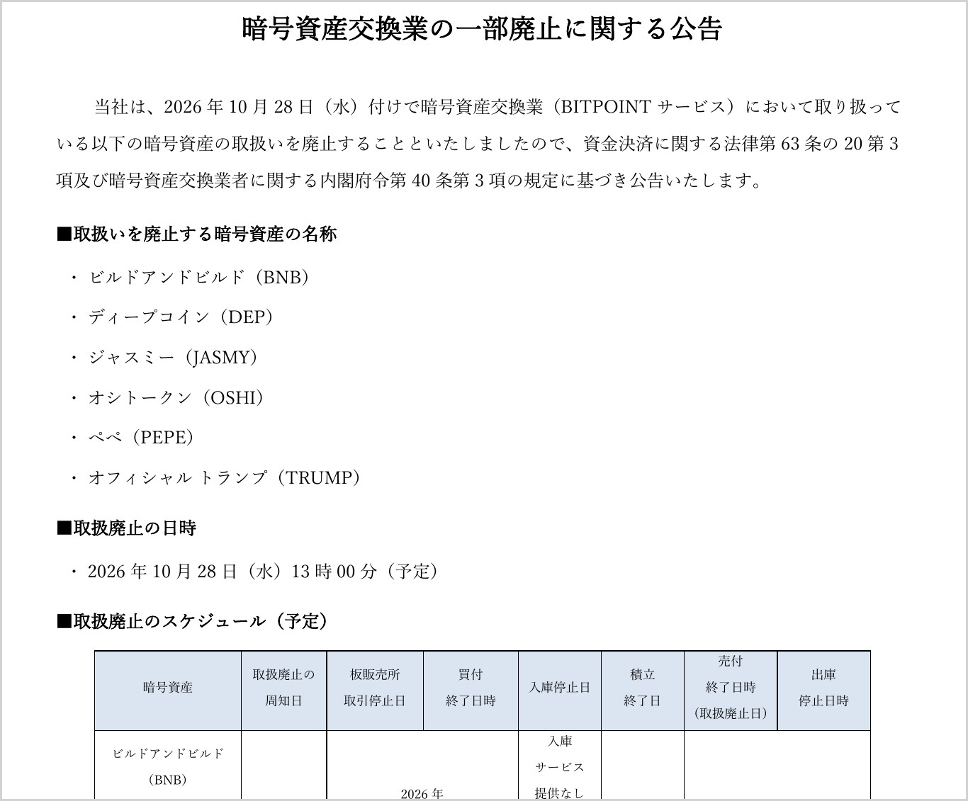 BITPOINTの暗号資産交換業の一部廃止に関する公告。6銘柄を2026年10月28日に取扱い廃止