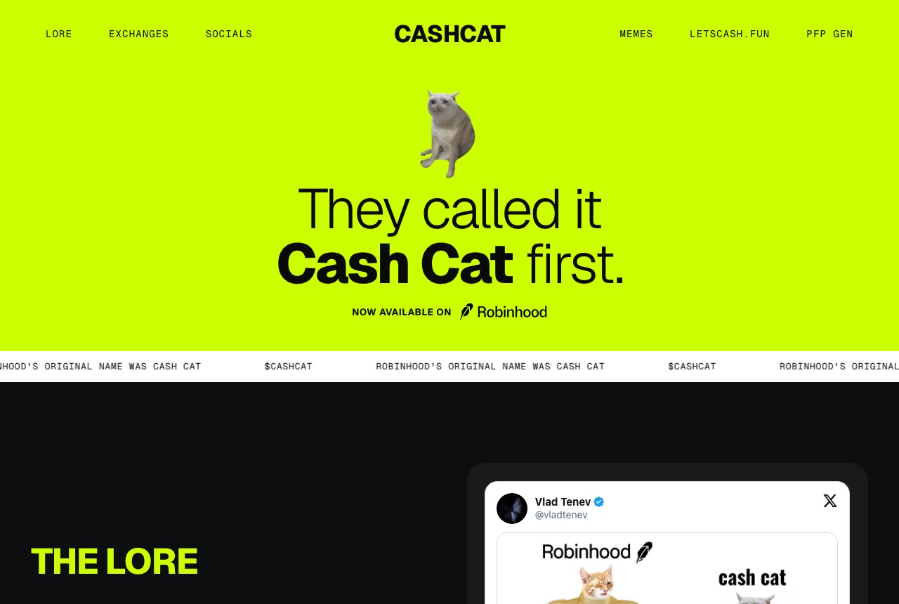 CASHCAT公式サイト。ネコのマスコットと「They called it Cash Cat first.」の見出し、Robinhoodで取引可能の表記