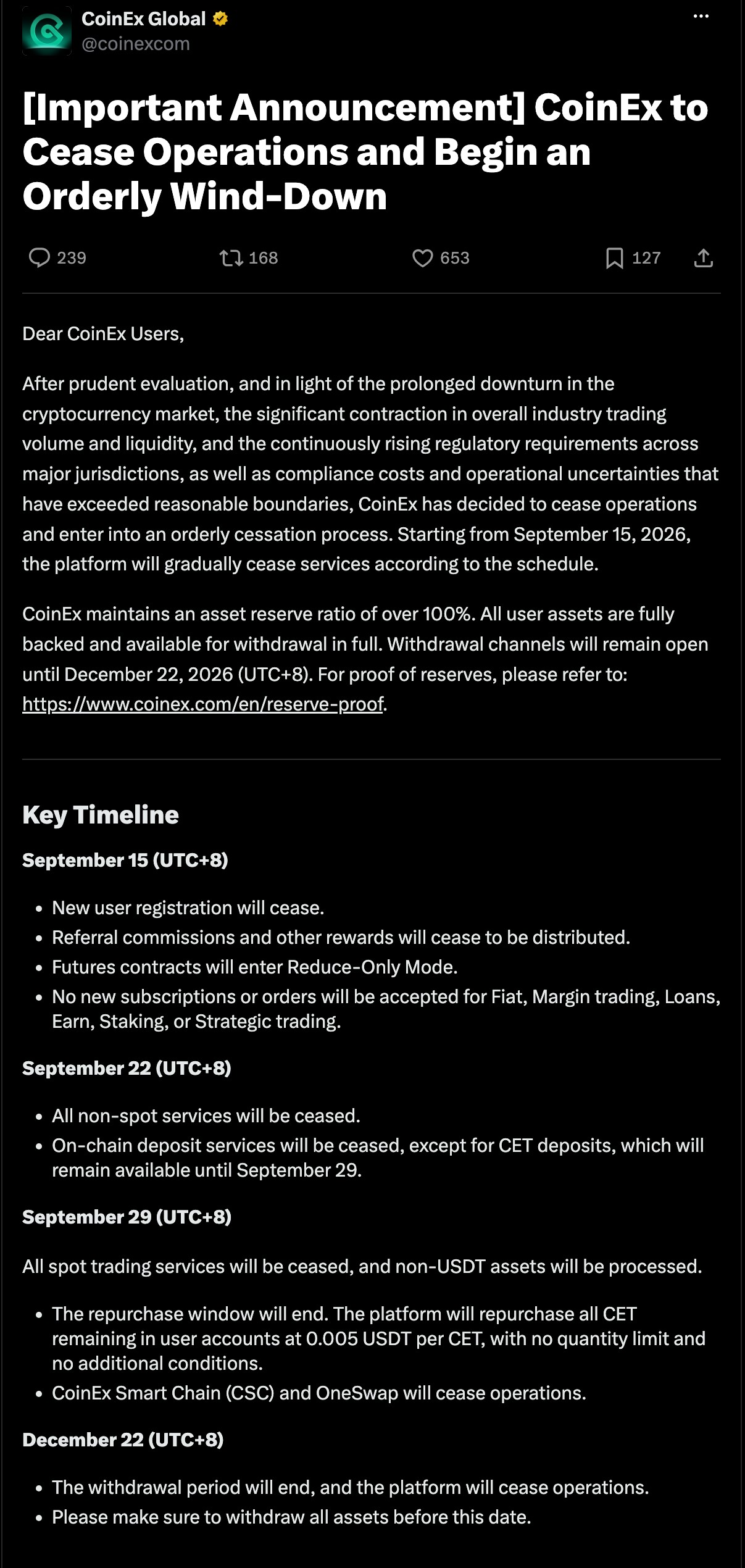 CoinEx公式Xによる全事業停止(サービス終了)の告知スクリーンショット