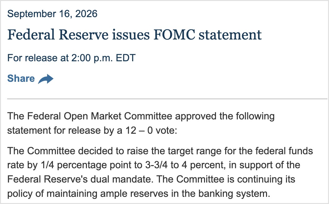 米FRBのFOMC声明(2026年9月16日)。12対0の採決で、フェデラルファンド金利の誘導目標を0.25%引き上げ3.75〜4%とすることを決定したと記載