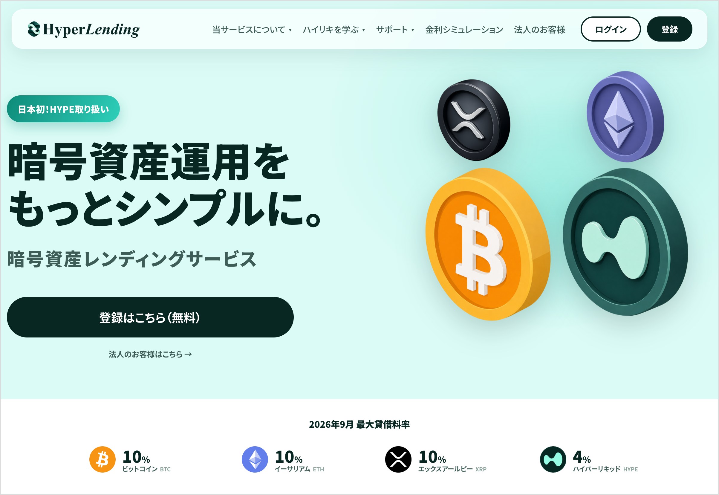 HyperLendingのトップページ。2026年9月時点の最大貸借料率はBTC・ETH・XRPが年10%、HYPEが年4%