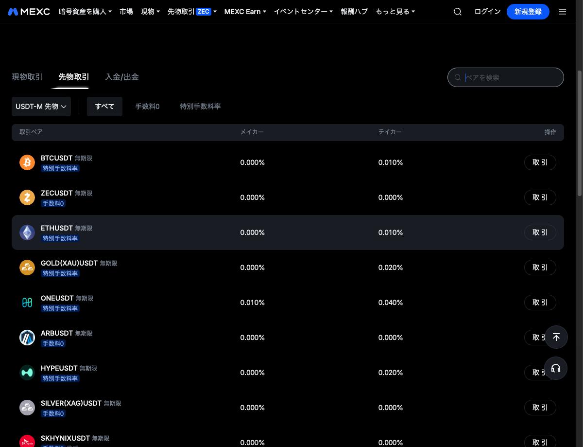 MEXC公式の先物手数料一覧
