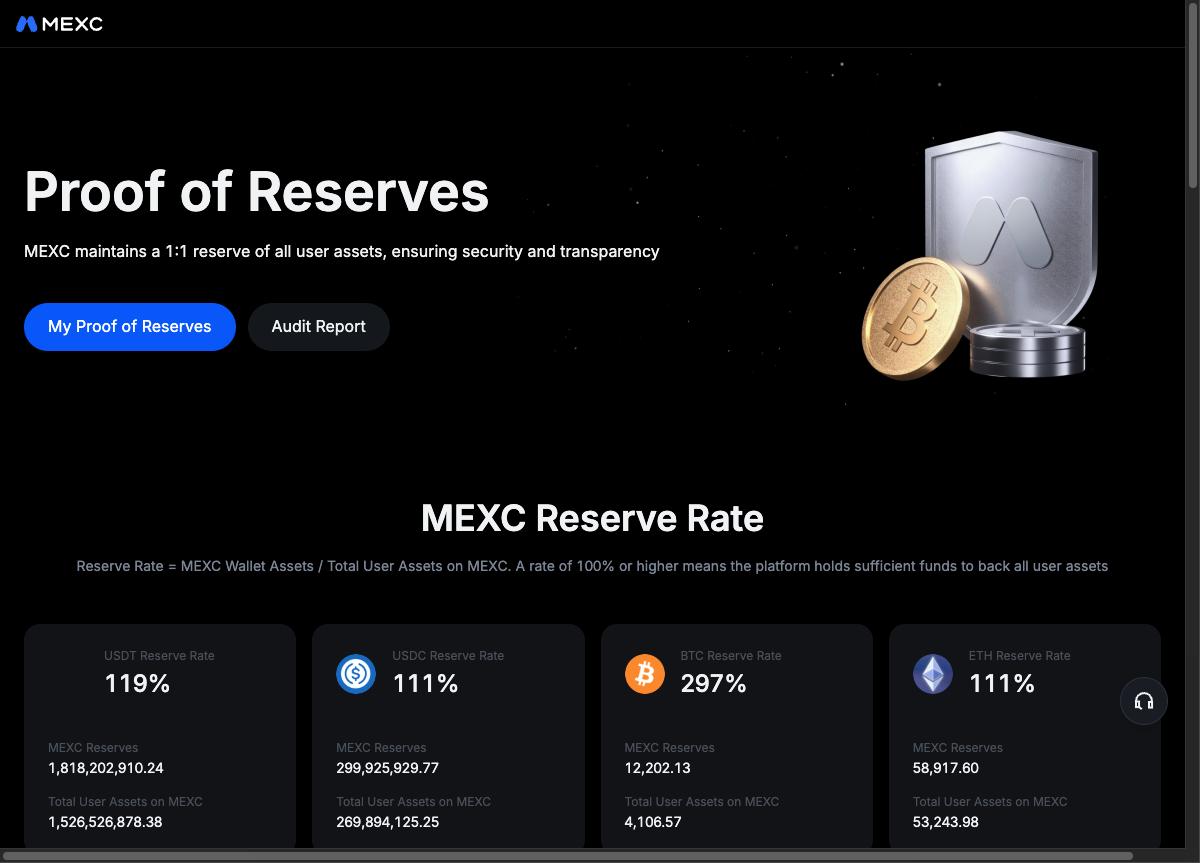 MEXCの準備金証明ページ