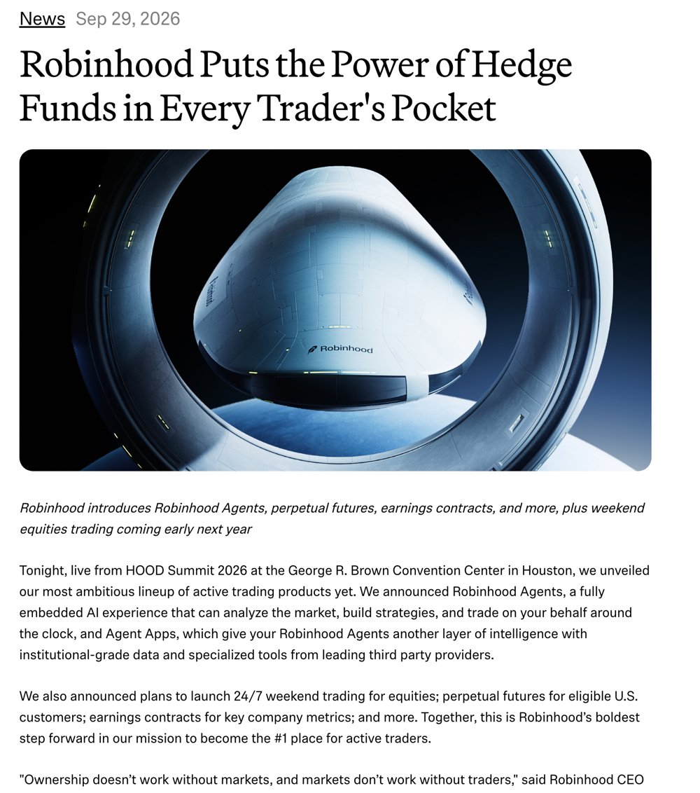 Robinhoodが仮想通貨の無期限先物などを発表した公式ニュースルーム(HOOD Summit 2026)