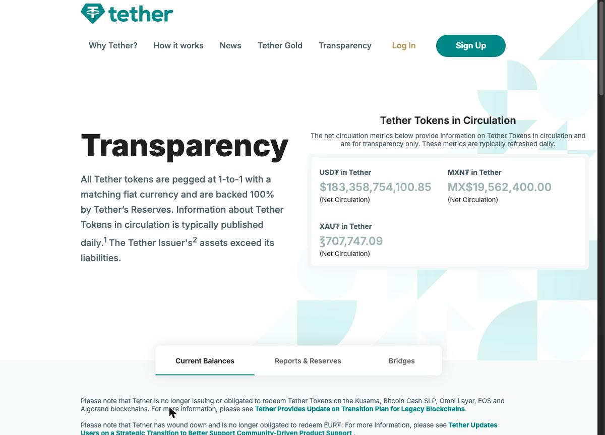 Tether公式の透明性ページ