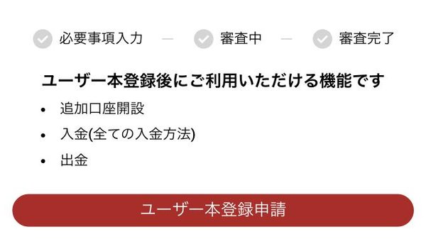 BigBossのマイページをスマホで開いたホーム画面。追加口座開設・入金・出金は「ユーザー本登録後にご利用いただける機能です」と表示され、ユーザー本登録申請のボタンがある