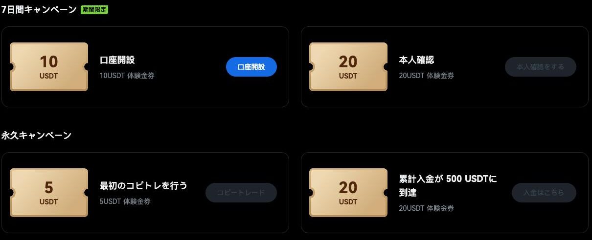 BTCCの新規ユーザーミッション画面。7日間キャンペーンとして口座開設で10USDT体験金券、本人確認で20USDT体験金券、永久キャンペーンとして初回コピートレードで5USDT、累計入金500USDTで20USDTが表示されている