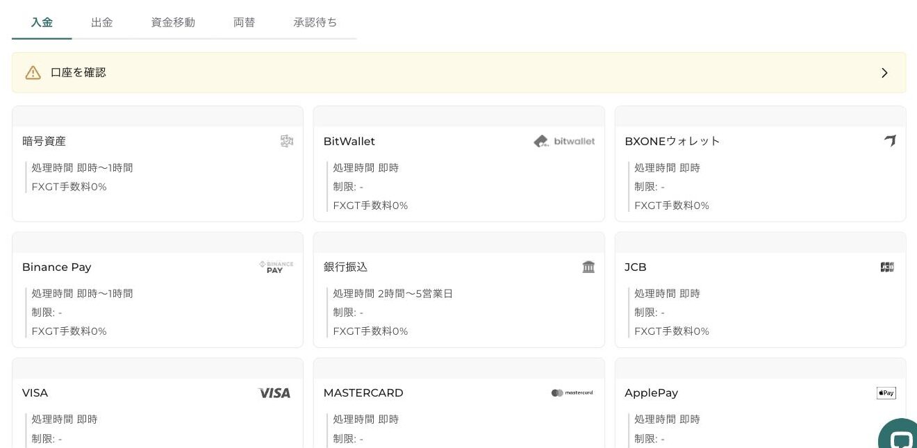 FXGT会員ページの入金画面。暗号資産・BitWallet・銀行振込・JCB・VISAなどの入金方法と処理時間、FXGT手数料0%が表示されている