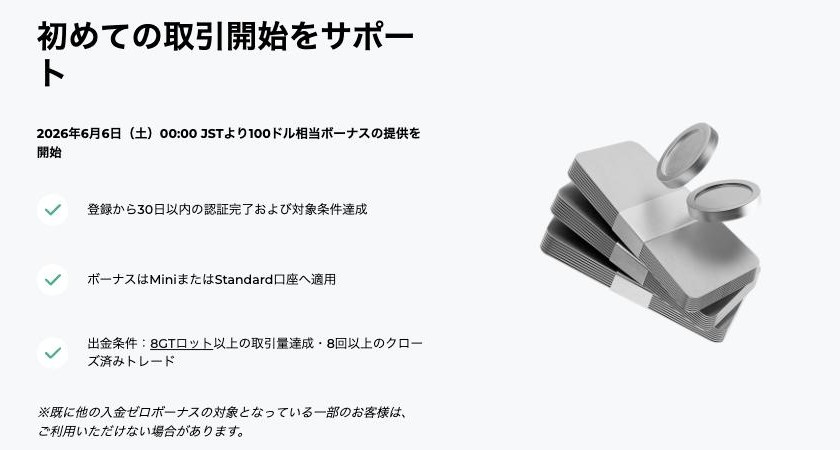 FXGT公式サイトの入金ゼロボーナスのページ。出金条件は8GTロット以上の取引量と8回以上のクローズ済みトレードと書かれている