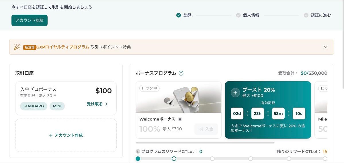FXGT会員ページのダッシュボード。入金ゼロボーナス100ドル（有効期限あと30日・STANDARDとMINI）と、ボーナスプログラムのWelcomeボーナスとブースト20%の残り時間が表示されている