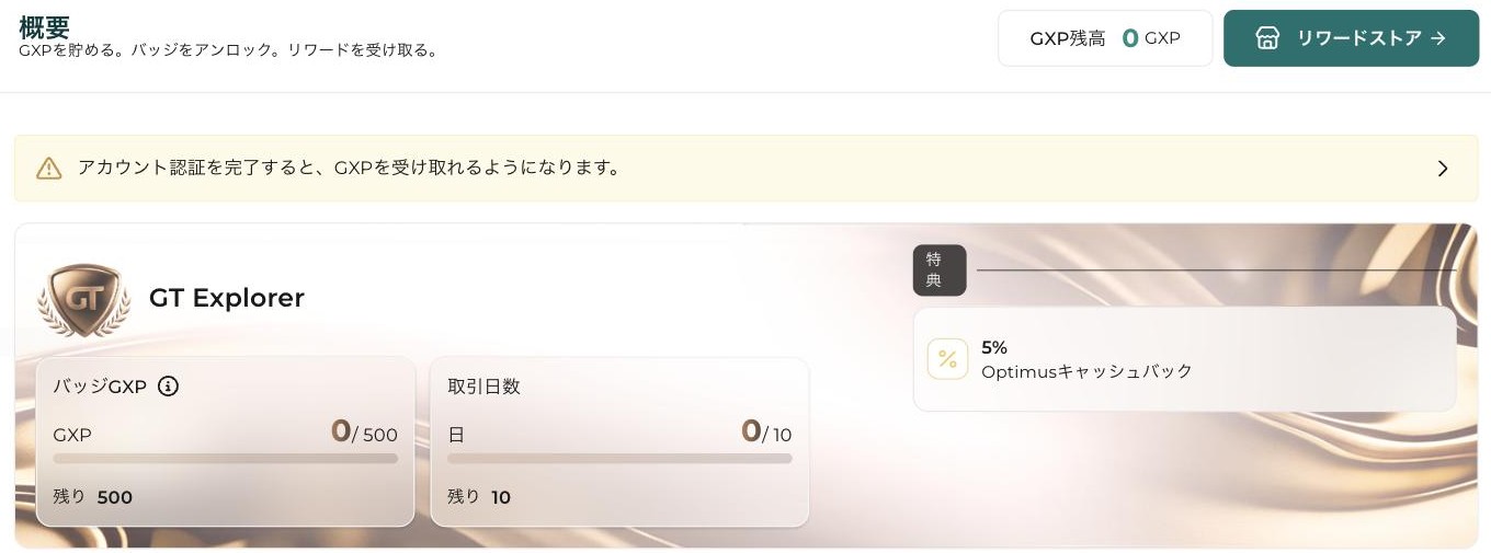 FXGT会員ページのGXPロイヤルティの概要。アカウント認証を完了するとGXPを受け取れると表示され、GT ExplorerのOptimusキャッシュバックは5%