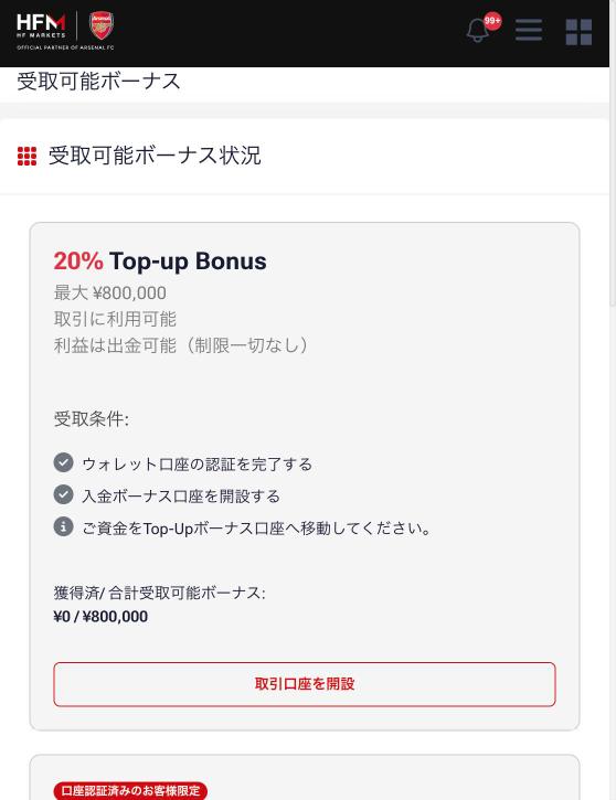 myHFの「受取可能ボーナス」画面。20%入金ボーナスの受取条件と獲得済みボーナスの表示