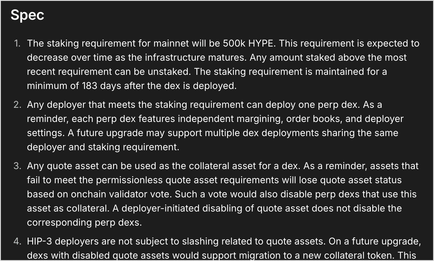 Hyperliquid公式ドキュメントのHIP-3仕様。メインネットのステーキング要件は50万HYPEで、インフラの成熟とともに引き下げる見込み。要件を満たす事業者は1つの無期限先物取引所を展開でき、各取引所は独立した証拠金・板・設定を持つ。担保資産は任意の決済資産を使えると記載