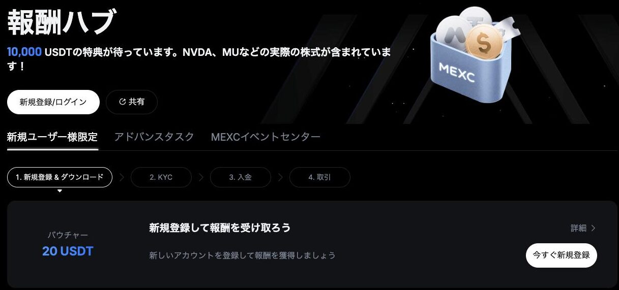 MEXC公式の報酬ハブ。10,000USDTの特典と表示され、新規ユーザー限定タブに「新規登録して報酬を受け取ろう」20USDTのバウチャーが表示されている