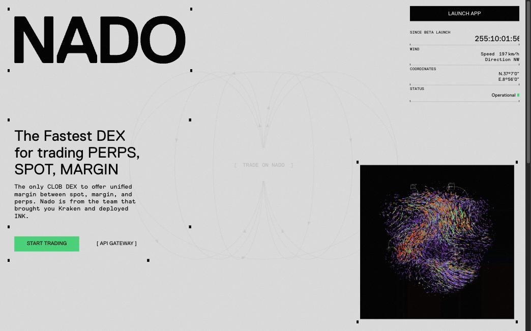 Nado公式サイトのトップページ。現物・無期限先物・マージン取引を1つの証拠金で扱うDEXと紹介されている