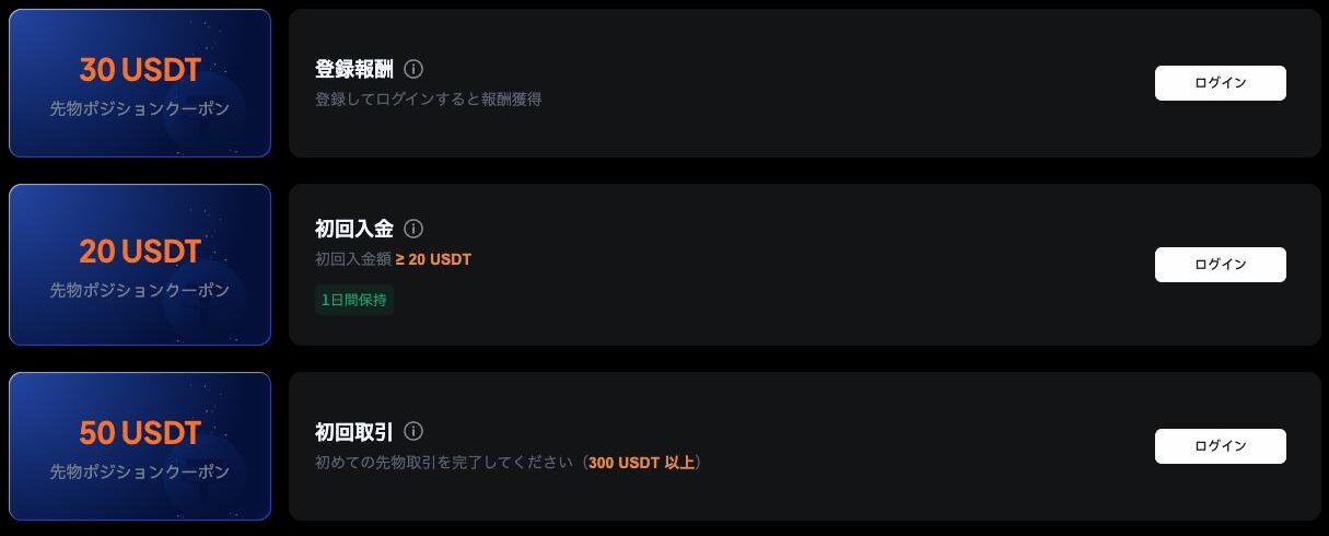 Toobit公式のリワードセンター。初心者ミッションとして登録報酬30USDT、初回入金20USDT以上で20USDT、初回の先物取引300USDT以上で50USDTの先物ポジションクーポンが表示されている