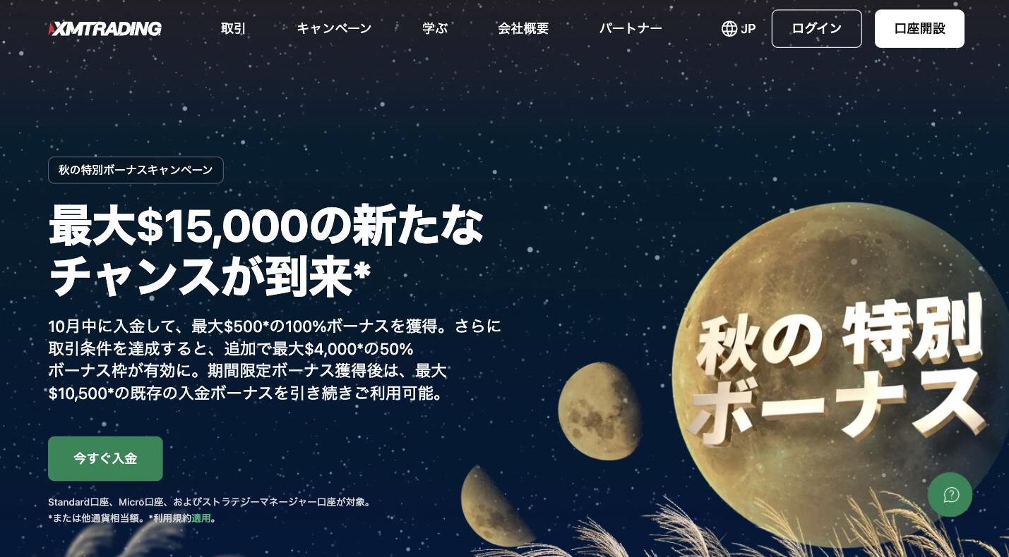 XMTrading公式サイトの秋の特別ボーナスキャンペーンのページ。最大$15,000、10月中の入金で最大$500の100%ボーナス、取引条件の達成で最大$4,000の50%ボーナス枠、既存の入金ボーナス最大$10,500と書かれている