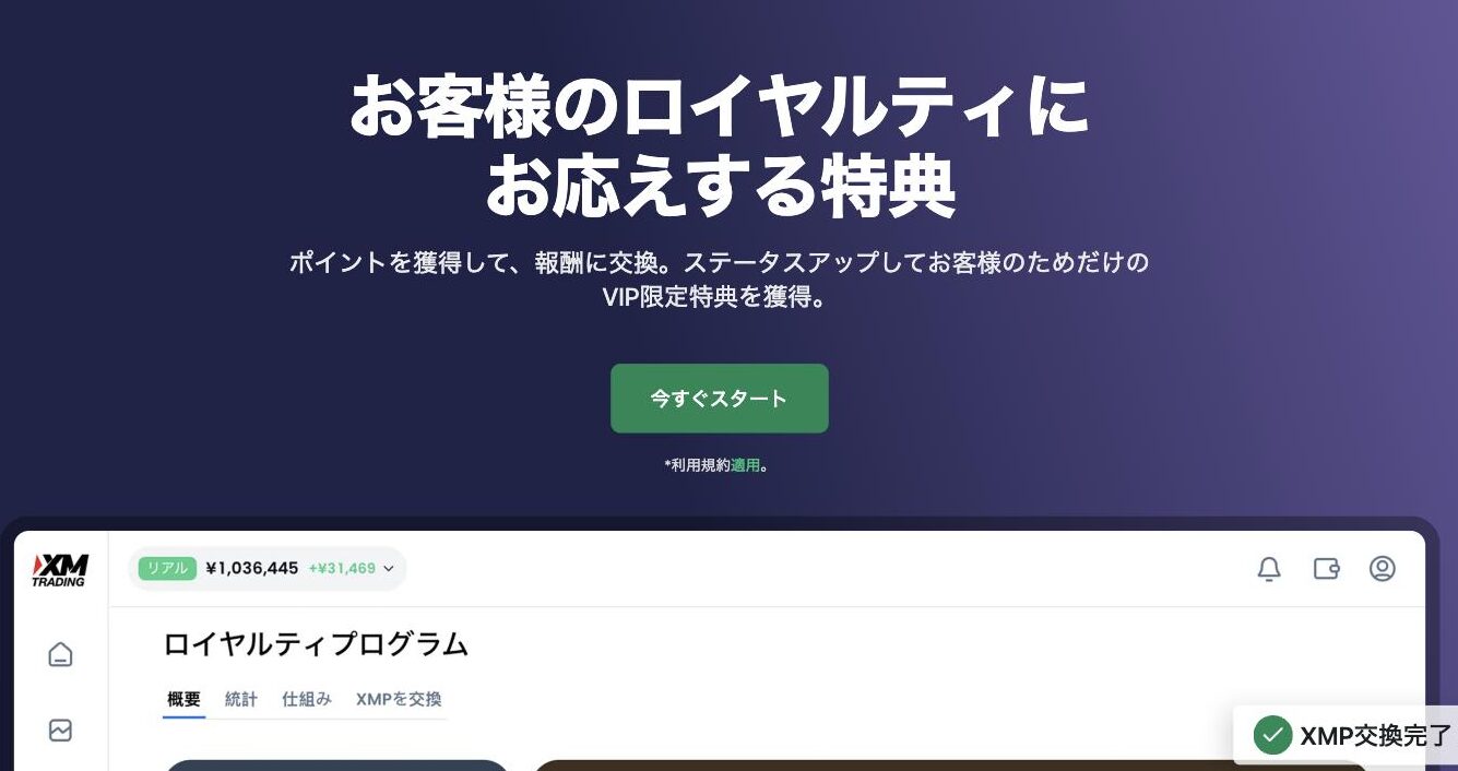 XMTrading公式サイトのロイヤルティプログラムのページ。「お客様のロイヤルティにお応えする特典」「ポイントを獲得して、報酬に交換。」と表示されている